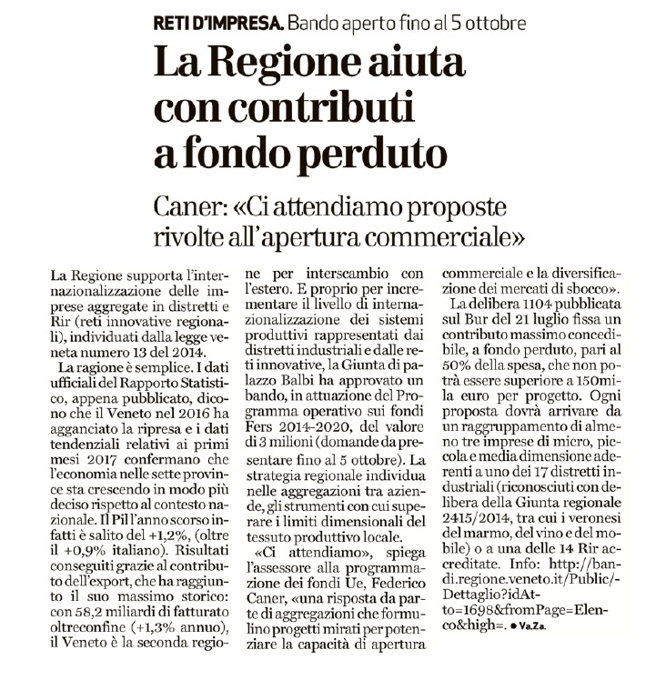 “Bando per il sostegno a progetti di promozione dell’export veneto”.