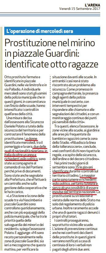 Fermate nei giorni scorsi a Verona 8 prostitute, 2 delle quali richiedenti asilo politico. I gestori del centro d’accoglienza non si sono accorti di nulla?