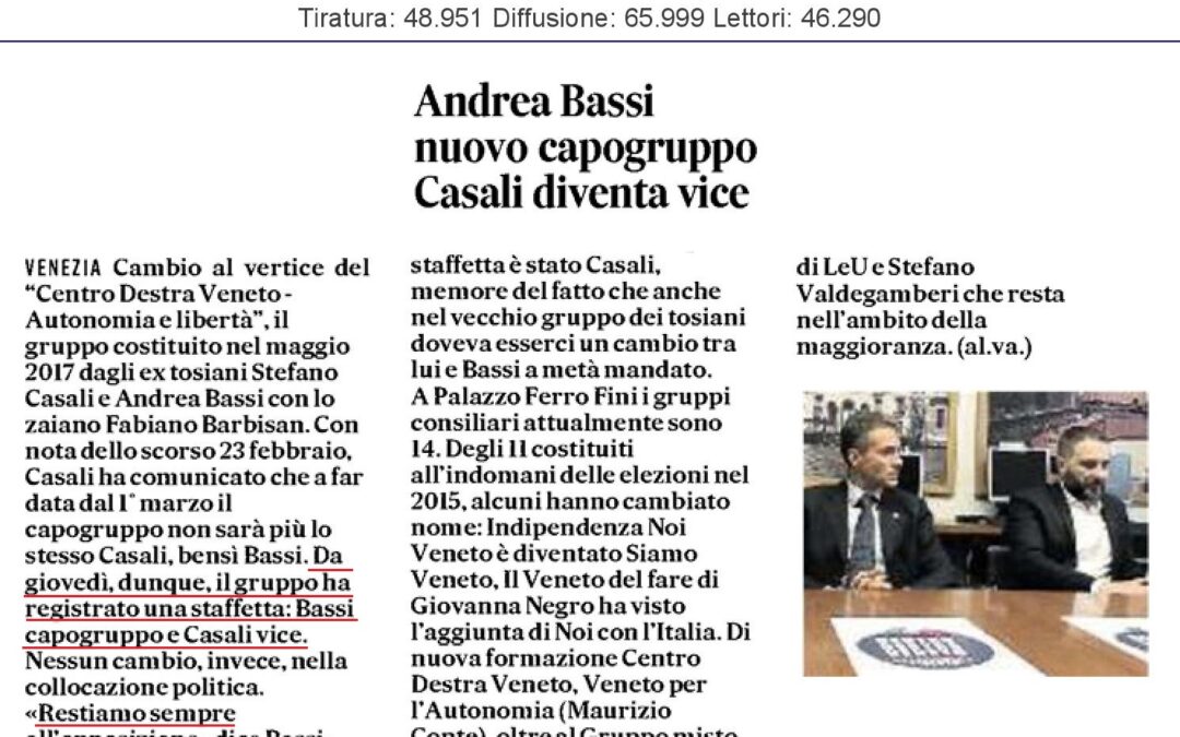 Bassi nuovo capogruppo, Casali diventa vice.
