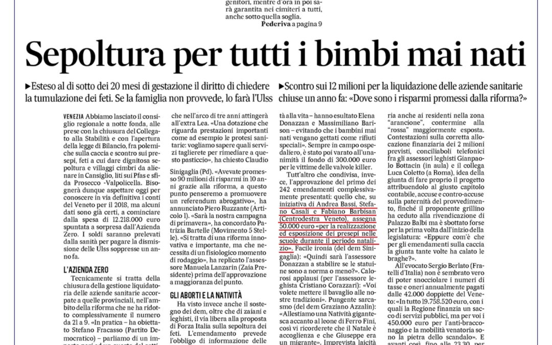Approvato l’emendamento. Nel 2018 inserito un capitolo di spesa per finanziare i presepi.