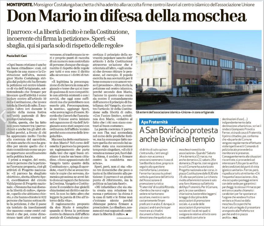 Moschea Monteforte, caro mons. Mario Costalunga la legge va rispettata!
